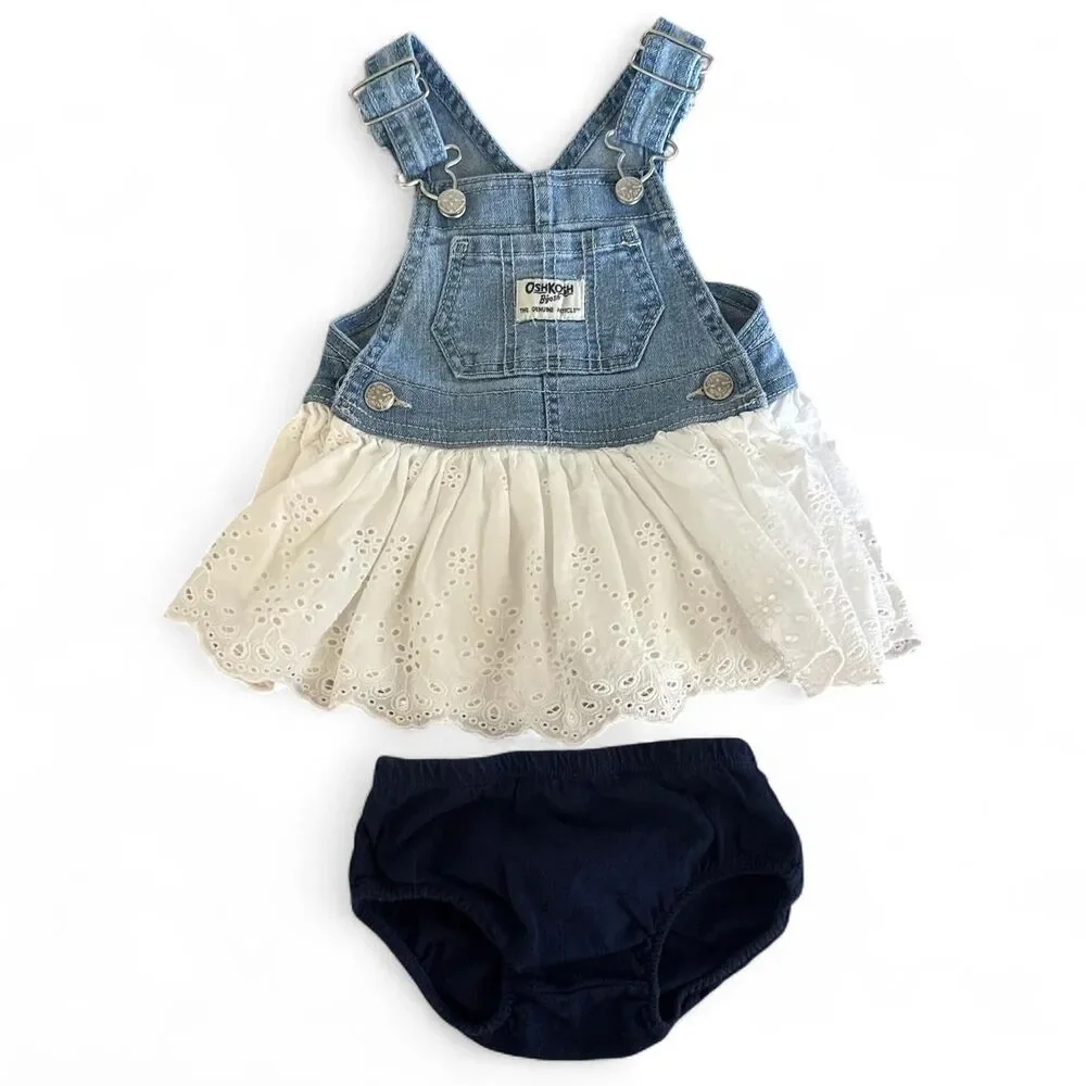 OshKosh B’gosh Baby Girl Denim Eyelet Overall Dress with Bloomers | 6 Months